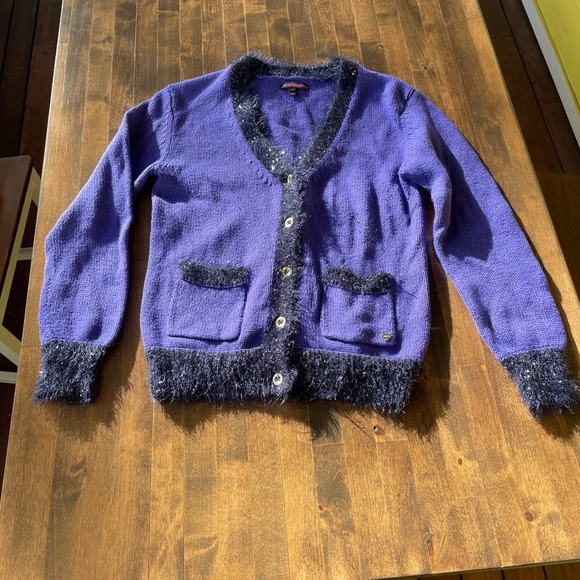 Authentic Juicy Couture Purple Cardigan Sweater- Blk Sparkle, Fluffy Trim Sz 12 - Picture 14 of 15